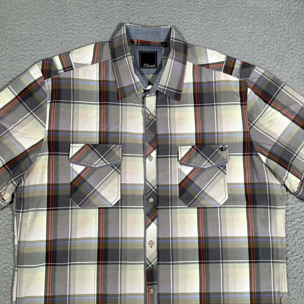 7 Diamonds Shirt Mens XL Plaid Casual Preppy Button Up Double Pocket Logo Cotton